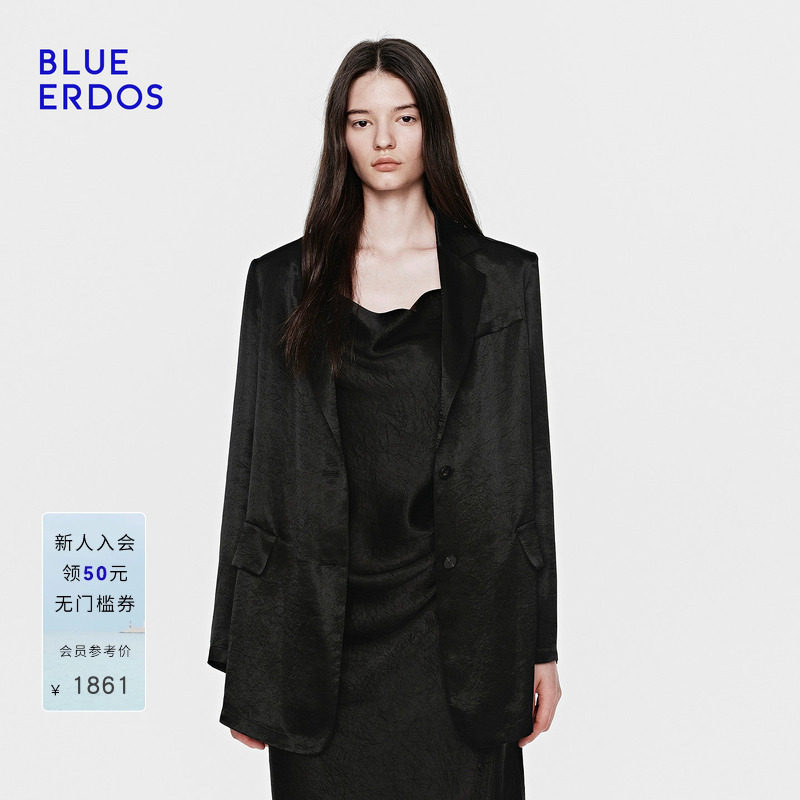 BLUE ERDOS26早春新品休闲通勤百搭宽松黑色缎面光泽感西装外套女