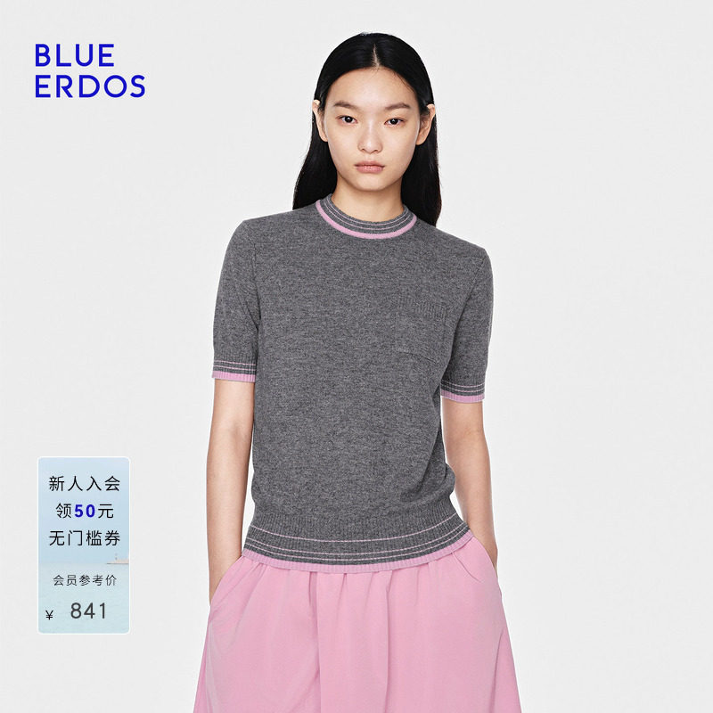 BLUE ERDOS26早春新品休闲百搭羊毛羊绒撞色圆领半袖针织衫女