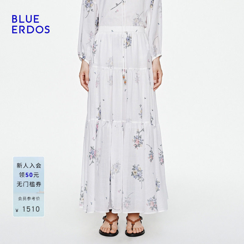 BLUE ERDOS2026夏季新品温柔优雅白底欧花垂坠感蛋糕摆半身长裙女
