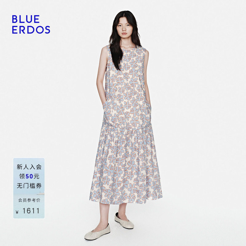 【100%棉】BLUE ERDOS2026夏季新品度假风印花褶饰下摆无袖连衣裙