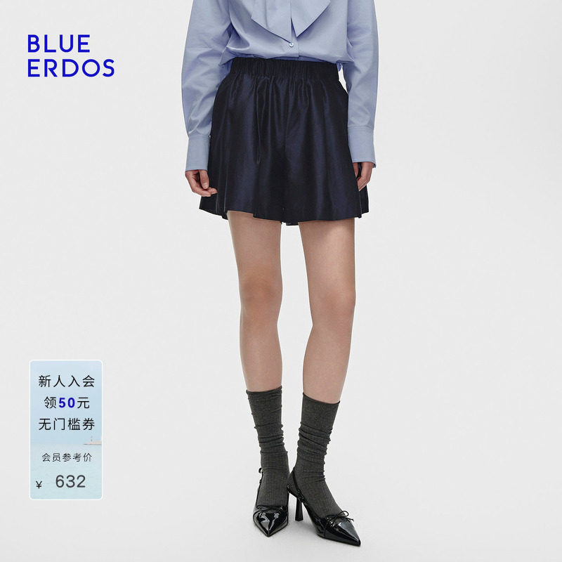 BLUE ERDOS 春季新品复古简约松紧腰藏青色显瘦女短裤B256M5003