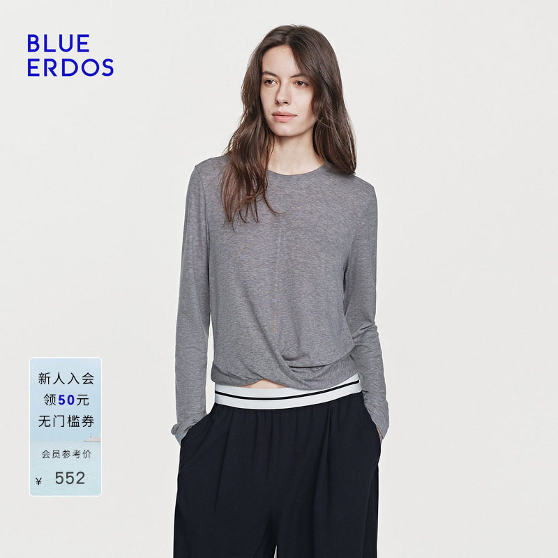 BLUE ERDOS26夏季新品格雷风绵羊毛混纺圆领扭结长袖T恤针织衫女