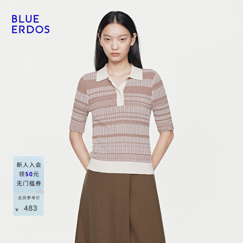 【100%棉】BLUE ERDOS26早春新品休闲百搭撞色小翻领半袖针织衫女