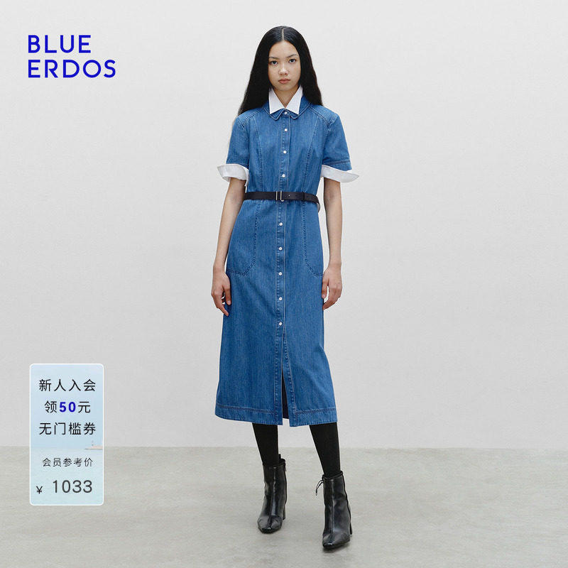 BLUE ERDOS 夏季新品时尚通勤翻领短袖牛仔连衣裙