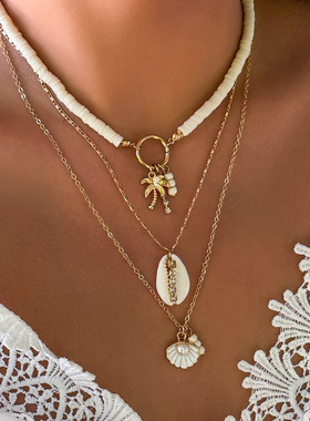 Female imitation pearl shell sunflower multi-layer necklace