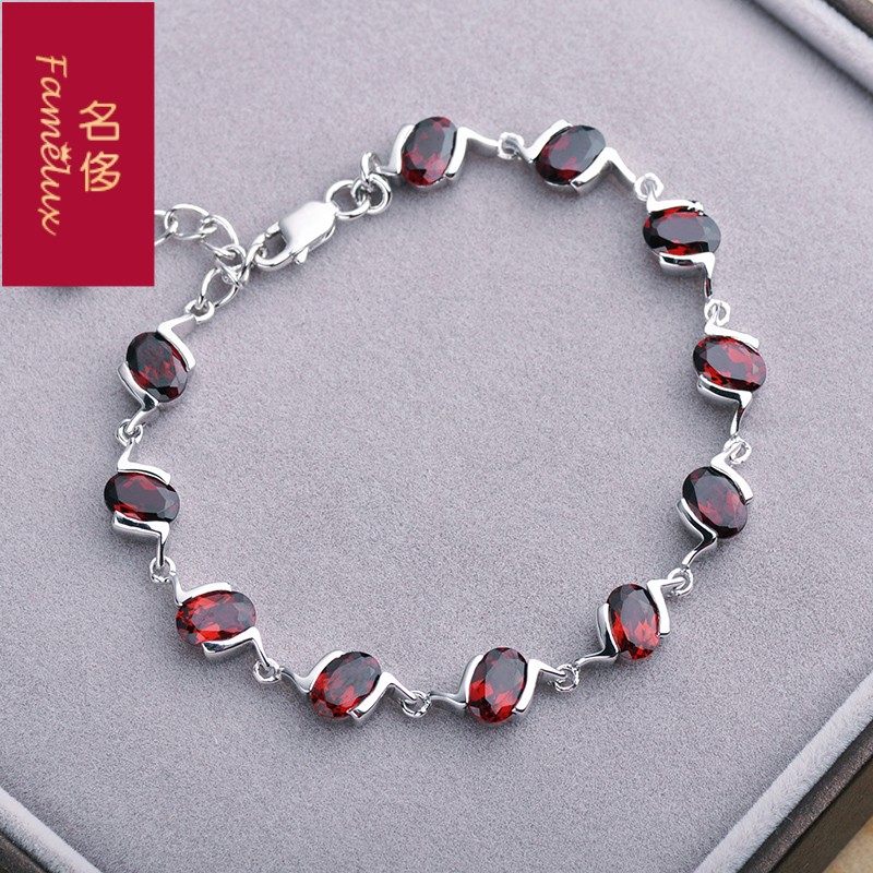 天然红石榴石女925银镶彩色手链 名侈手链