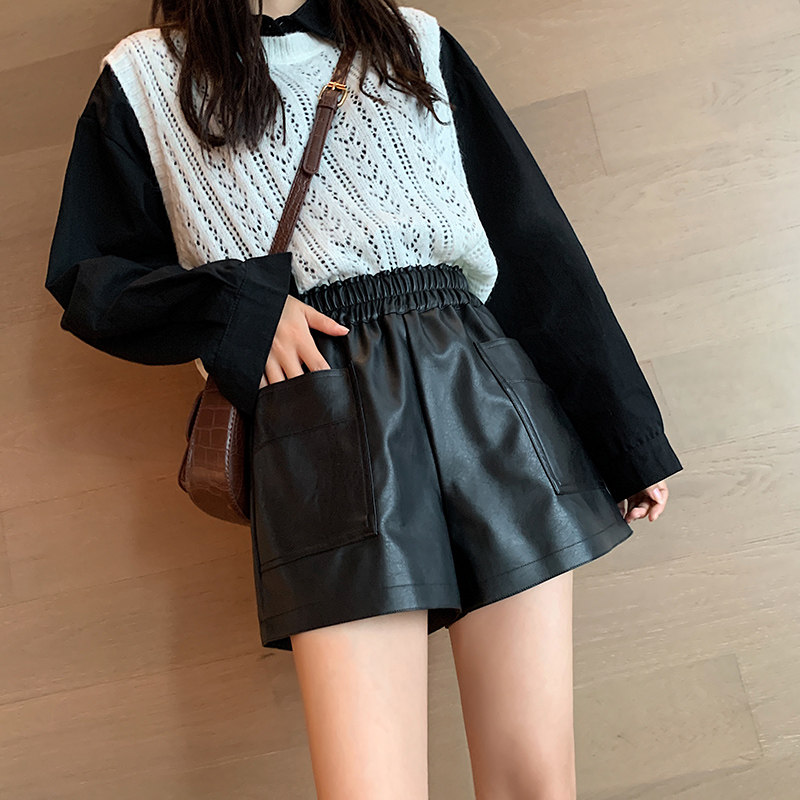 女短裤高腰秋冬季2020新款宽松皮裤 loannina休闲裤