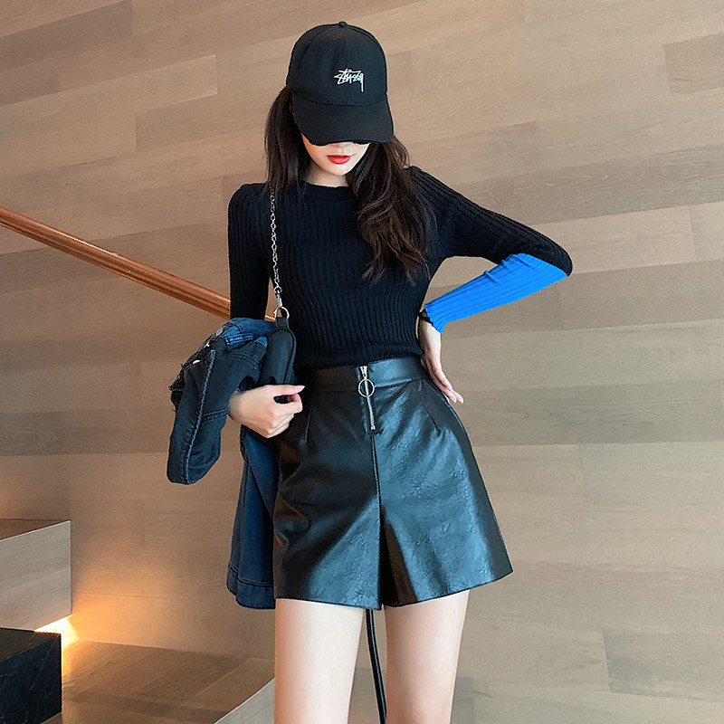 女短裤高腰秋冬季2020新款宽松皮裤 loannina休闲裤