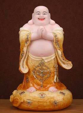 汉白玉恭喜发财大肚弥勒佛菩萨笑佛家用客厅供奉神像招财像体摆件
