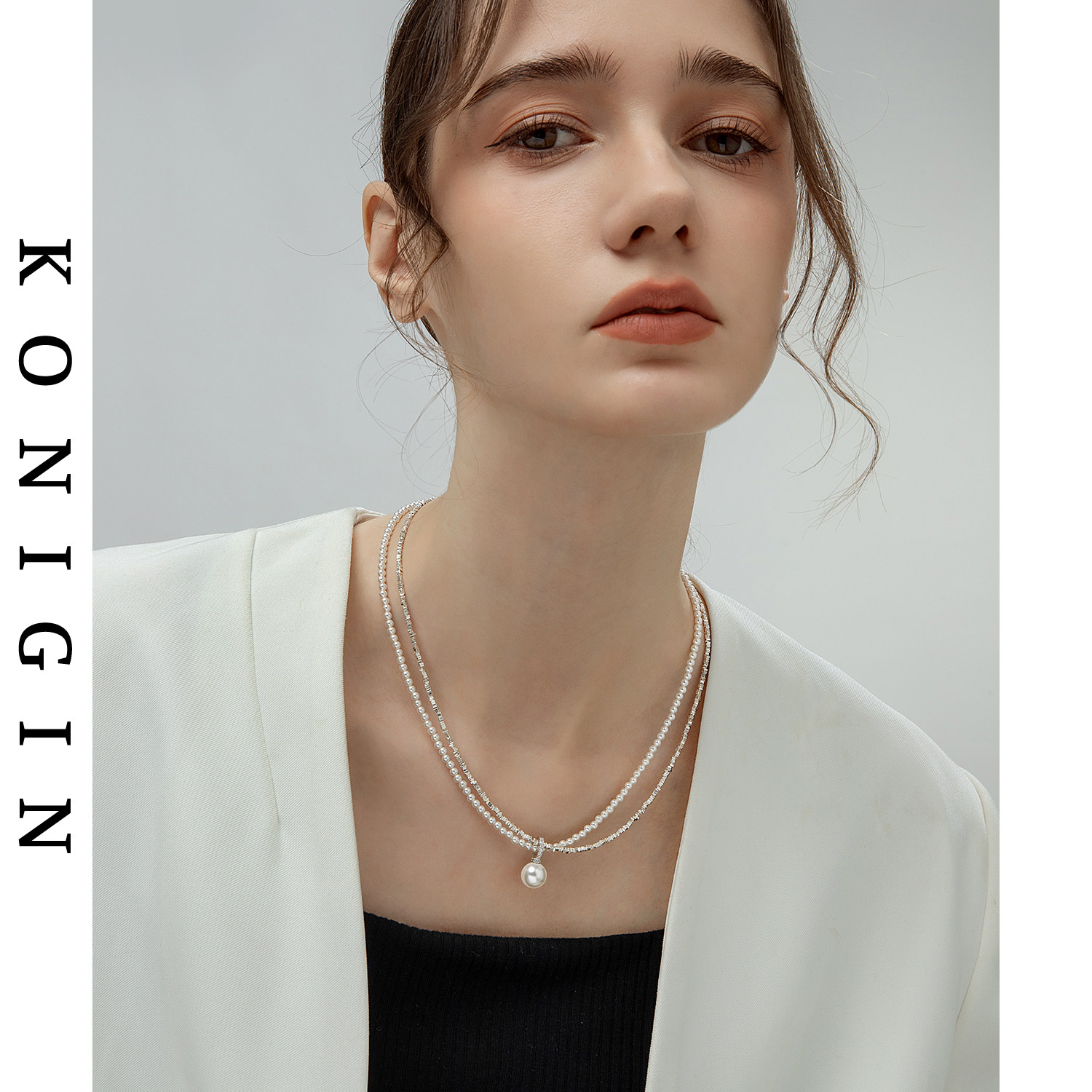 konigin双层缠绕碎银子项链女925纯银珍珠吊坠秋冬毛衣链颈链配饰,淘宝优惠券,粉丝福利购,淘宝优惠卷