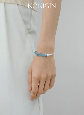 天然碎石海蓝宝珍珠手链女