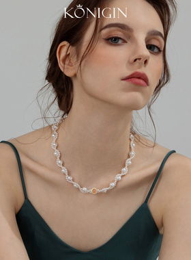 海蓝宝项链女编织珍珠锁骨链