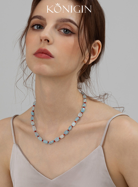 海蓝宝红玛瑙串珠项链女