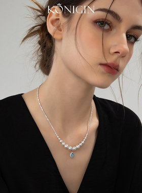 925纯银碎银海蓝宝珍珠项链女
