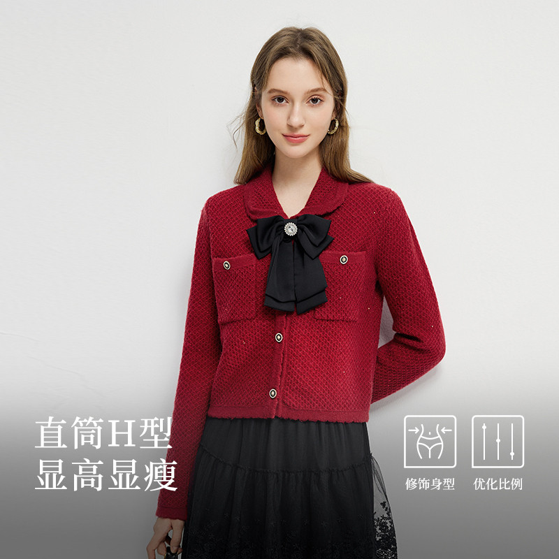秋水伊人短款蝴蝶结针织开衫2026春新款H型编织短款翻领红色毛衣