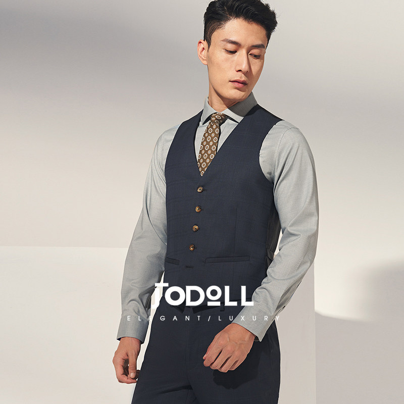 JODOLL乔顿男商务正装藏青色格纹修身羊毛桑蚕丝西服马甲,淘宝优惠券,粉丝福利购,淘宝优惠卷