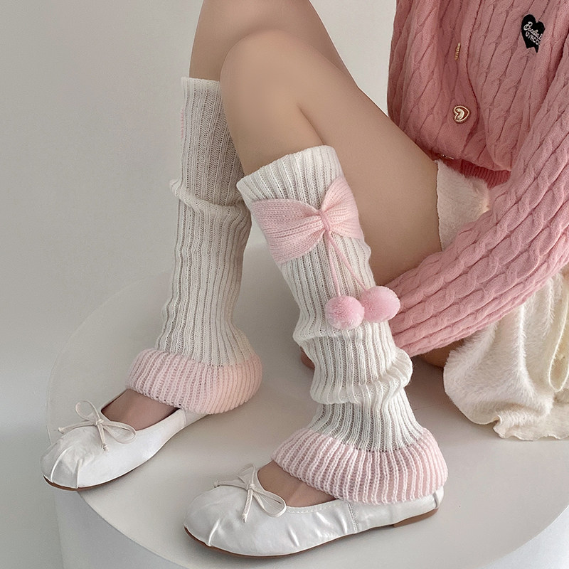 红色新年毛球针织袜套秋冬加厚保暖蝴蝶结腿套圣诞风日系jk堆堆袜,淘宝优惠券,粉丝福利购,淘宝优惠卷