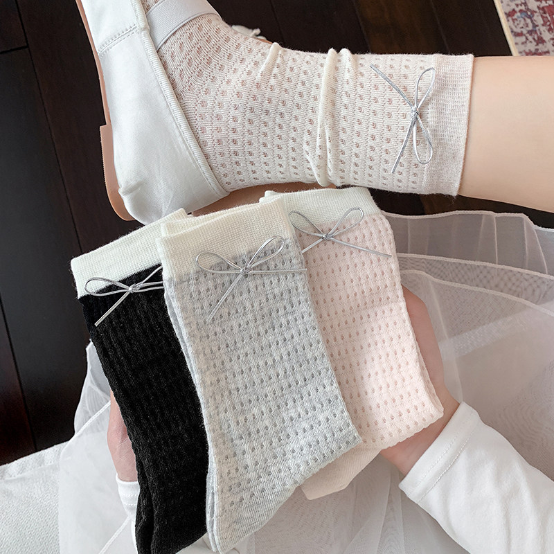 蝴蝶结袜子女中筒袜夏季薄款少女可爱日系jk网眼透气堆堆袜配皮鞋,淘宝优惠券,粉丝福利购,淘宝优惠卷