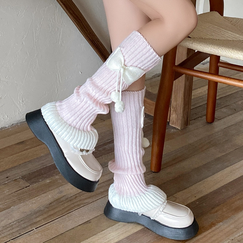 红色新年毛球针织袜套秋冬加厚保暖蝴蝶结腿套圣诞风日系jk堆堆袜,淘宝优惠券,粉丝福利购,淘宝优惠卷