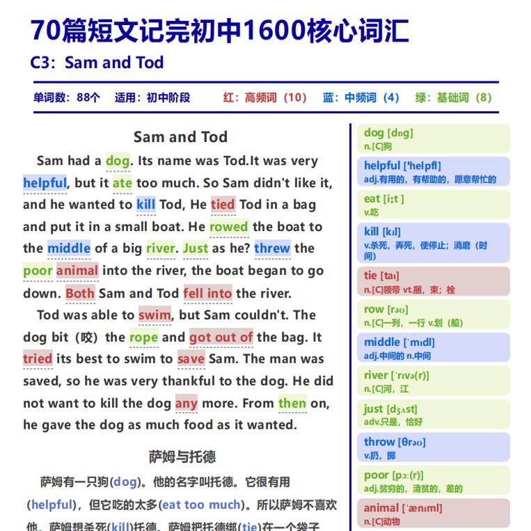 初中英语词汇表70篇短文记完初中必会背1600核心词汇单词表汇总表