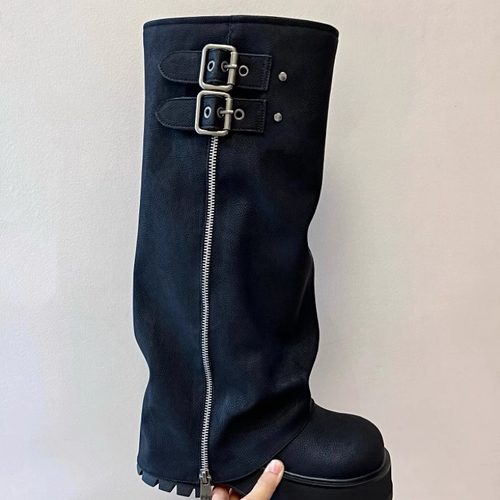 拖沓刘天王/小粗腿显腿细厚底拉链烟筒靴/全牛皮加宽筒围/跟高7cm - 图0