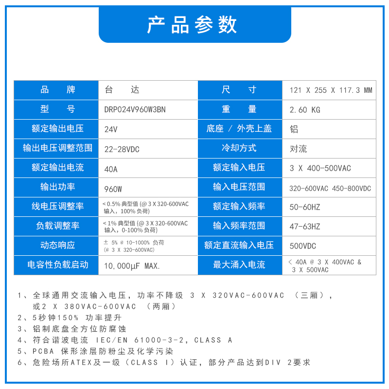 DRP024V960W3BN台达导轨电源 24V40A 960W可插拔端子三相380V输入-图0