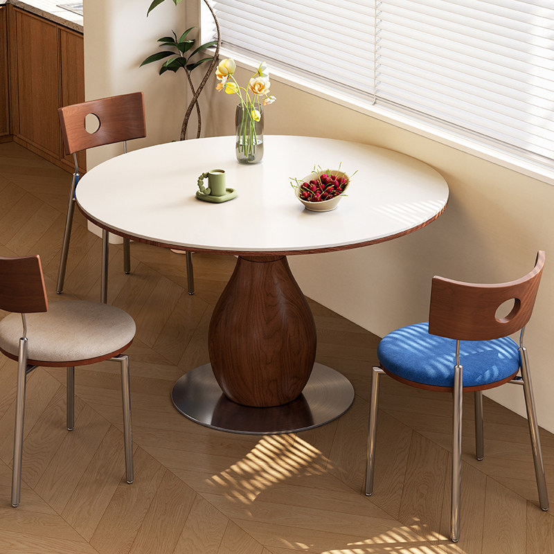梵创 中古风岩板圆形餐桌轻奢高级感小户型包豪斯全托饭桌椅组合,淘宝优惠券,粉丝福利购,淘宝优惠卷