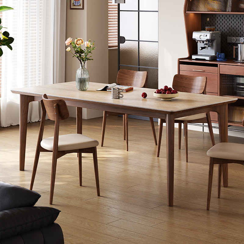 梵创 实木岩板餐桌长方形小户型家用中古风2025年新款德利丰饭桌,淘宝优惠券,粉丝福利购,淘宝优惠卷