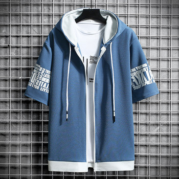 Summer trendy men's clothes men's zipper hooded sweatshirt short-sleeved jacket top students class uniform group uniform sports casual shirt