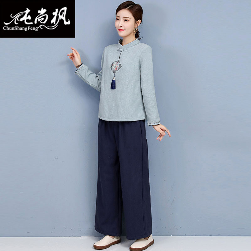 民国复古唐装茶艺服加绒加厚馆汉服 纯尚枫女装上衣