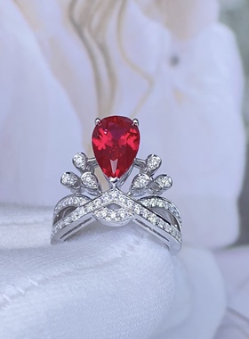 定制纯银戒指女款陆沉婚戒培育红宝石皇冠戒指订婚求婚对戒刻字礼