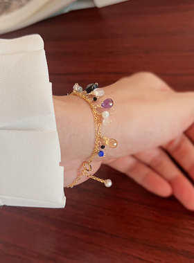 黑贝壳水滴包金花朵紫水晶手链