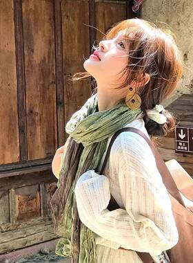 旅游百搭渐变褶皱棉麻围巾女文艺