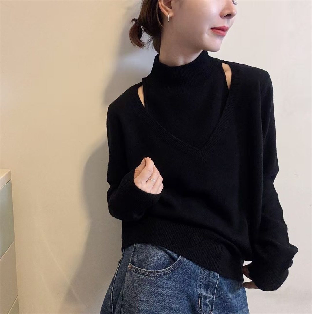 温柔风高级挂脖立领镂空露肩高级打底毛衣女冬季款洋气针织衫上衣-图2