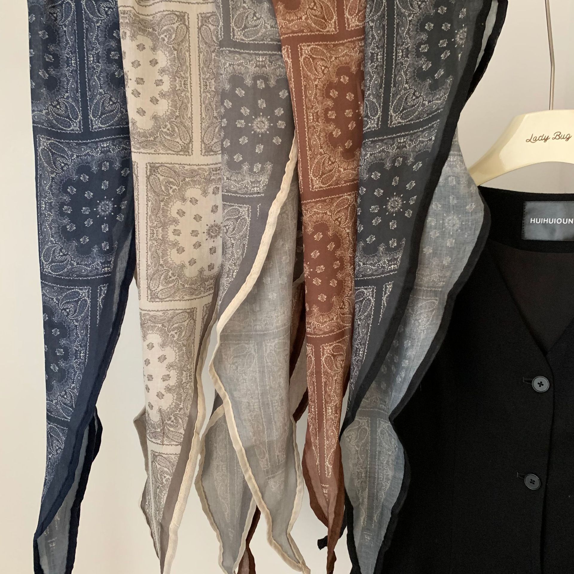 复古风藏蓝色腰果花棉麻丝巾系脖小领巾三角巾头巾腰带系腰间装饰 - 图3