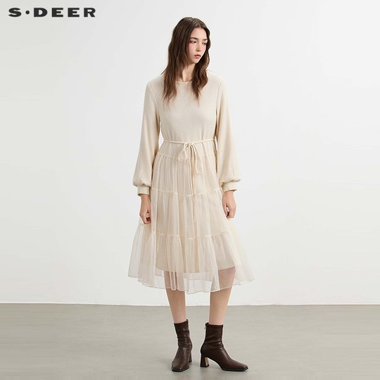 sdeer圣迪奥女装25年新品时尚圆领收腰网纱连衣裙S254Z1201