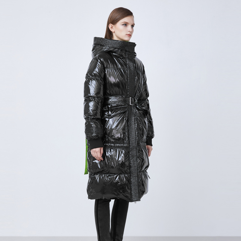 sdeer圣迪奥冬季高领连帽收腰抽绳亮面长款羽绒服女S21482427 - 图0