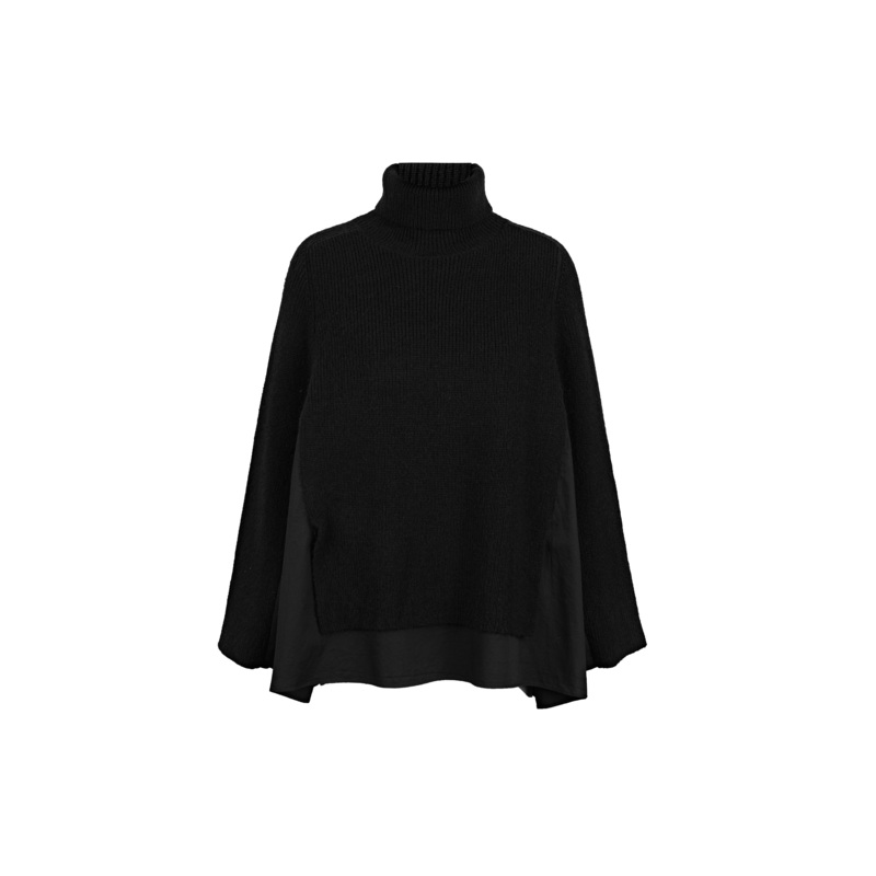 sdeer圣迪奥冬季女装罗纹高领衬衫拼接黑色宽松毛衣S21483505 - 图3