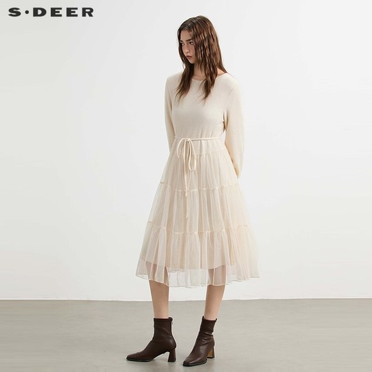 sdeer圣迪奥女装25年新品时尚圆领收腰网纱连衣裙S254Z1201