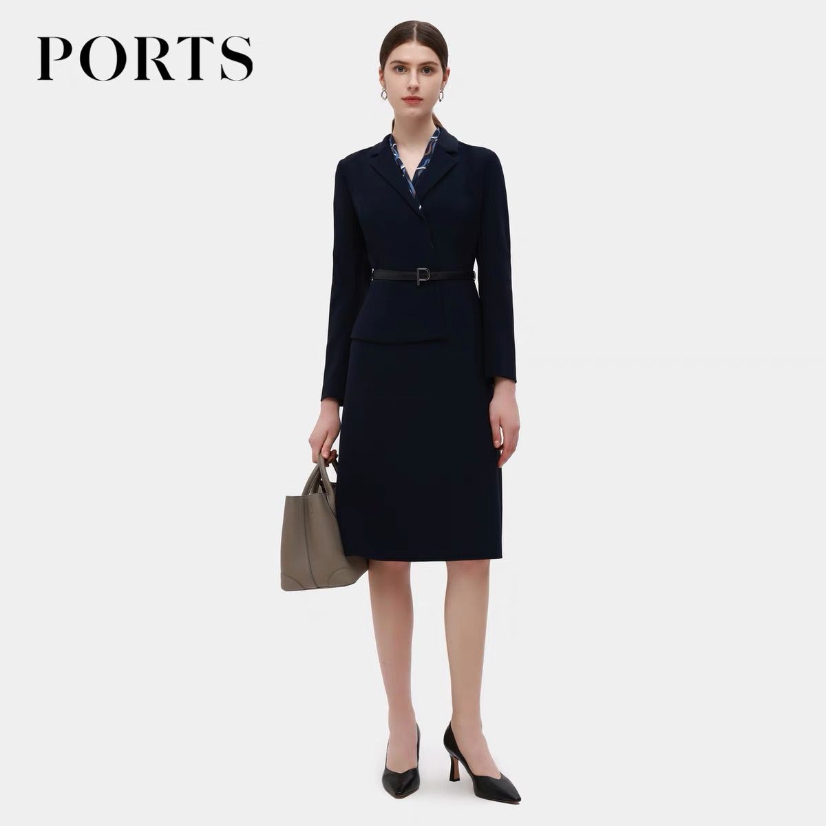 PORTS宝姿职业2023春季新款通勤西装领拼接连衣裙ALD9D017PWB006