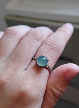 天然翡翠戒指女款冰蓝水蛋面925纯银镶嵌活口可调送女友礼物