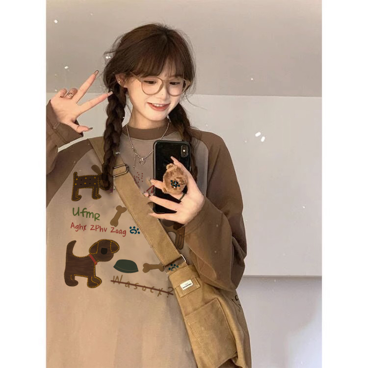 美式复古美拉德穿搭秋冬季新款大码长袖T恤女胖MM卡通动漫上衣ins - 图0