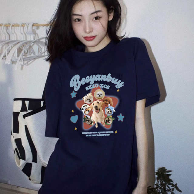 Navy blue white extra large short-sleeved T-shirt for female couple