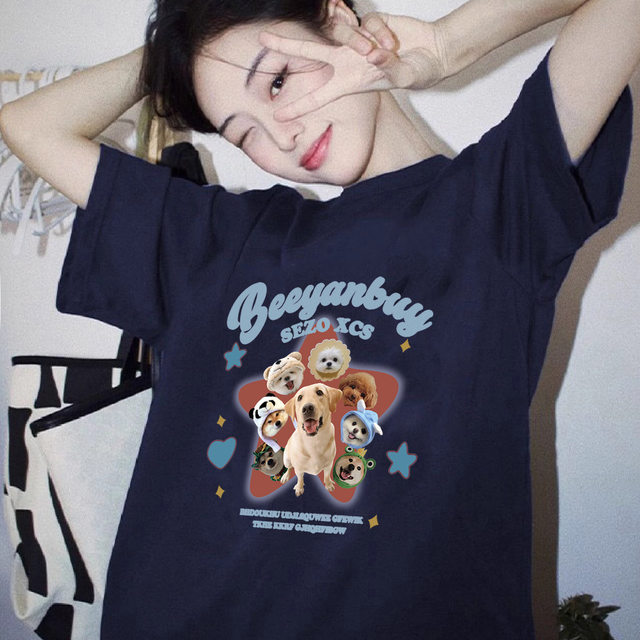 Navy blue white extra large short-sleeved T-shirt for female couple