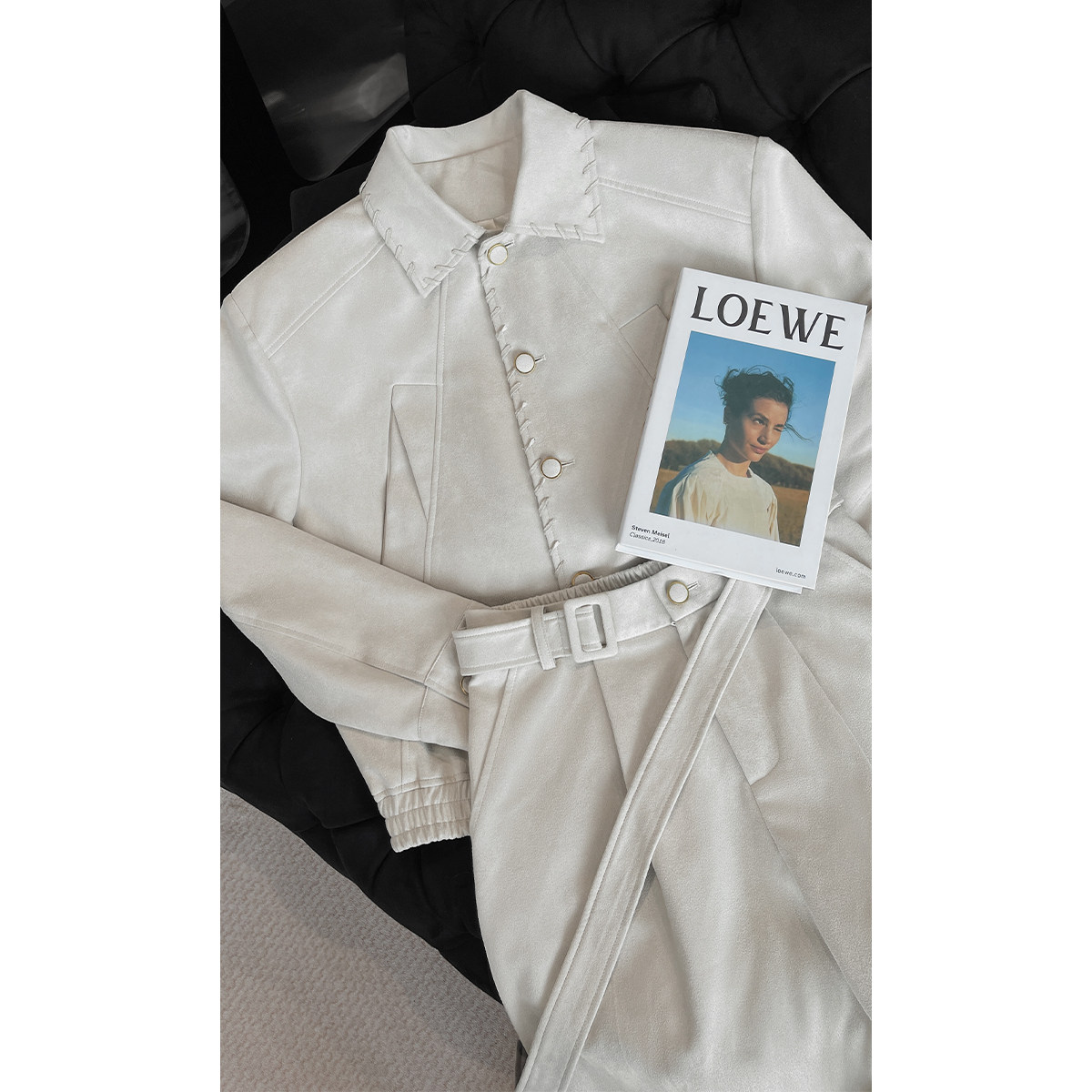 龙叨叨秋季新款潮流复古高级感绒面翻领夹克百搭宽松弯刀长裤套装,淘宝优惠券,粉丝福利购,淘宝优惠卷