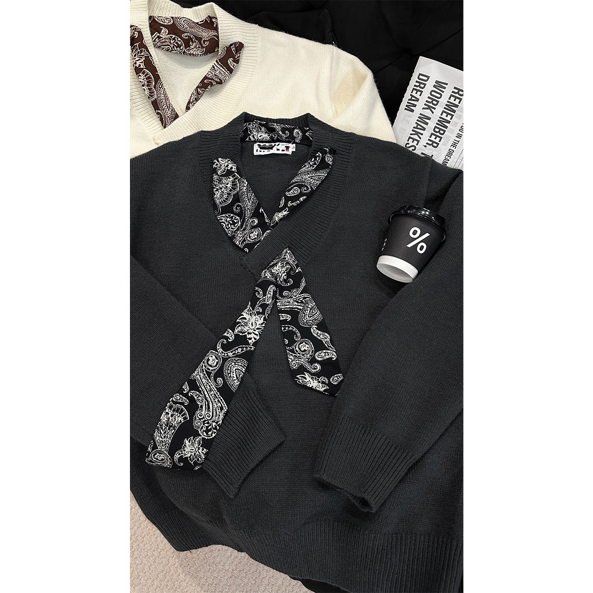 龙叨叨秋季新品复古设计感丝巾系带长袖针织衫男韩系宽松休闲毛衣,淘宝优惠券,粉丝福利购,淘宝优惠卷