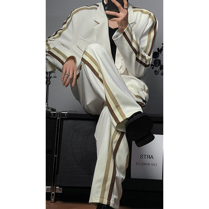 龙叨叨 原创设计撞色织带拼接西装套装 帅气休闲运动西服西裤新款,淘宝优惠券,粉丝福利购,淘宝优惠卷