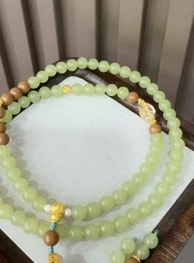 新中式三圈青玉檀木手链女桃花流苏手串复古民族风文玩手环饰品