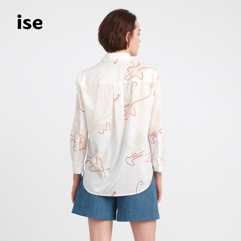 ise夏季新款印花个性v领翻领衬衫 ise衬衫