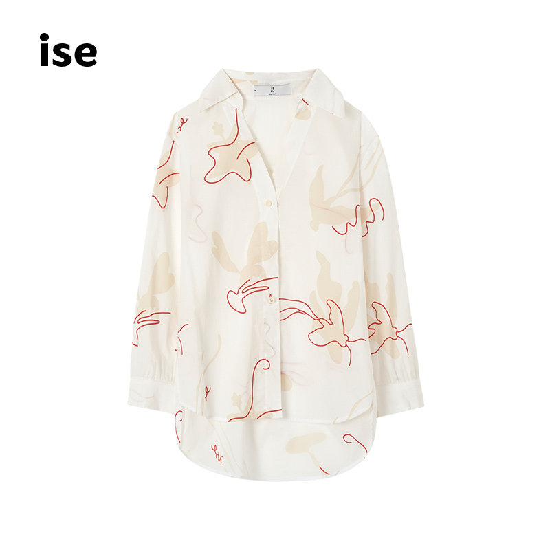 ise夏季新款印花个性v领翻领衬衫 ise衬衫